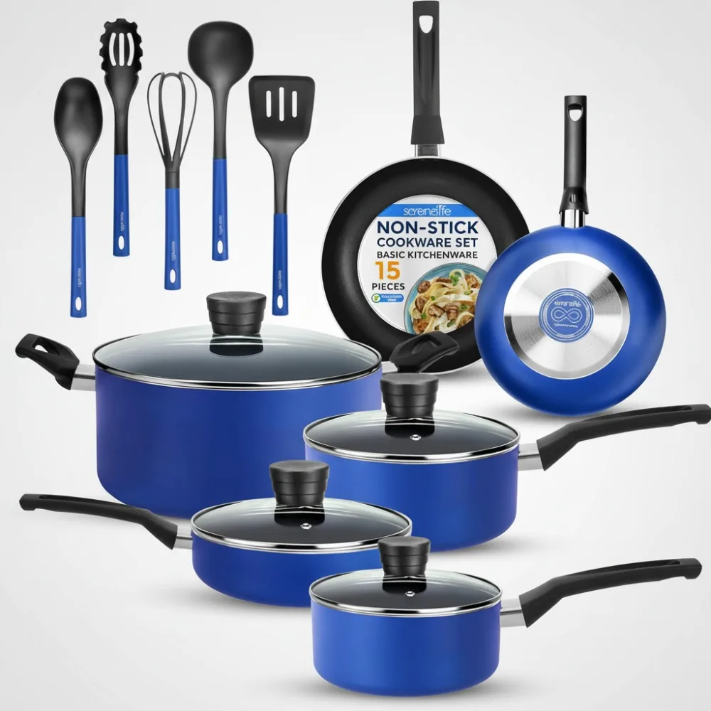 

15-Piece Nonstick Cookware Set with Lids & Utensils - Heat-Resistant, Dishwasher Safe for Home Chefs