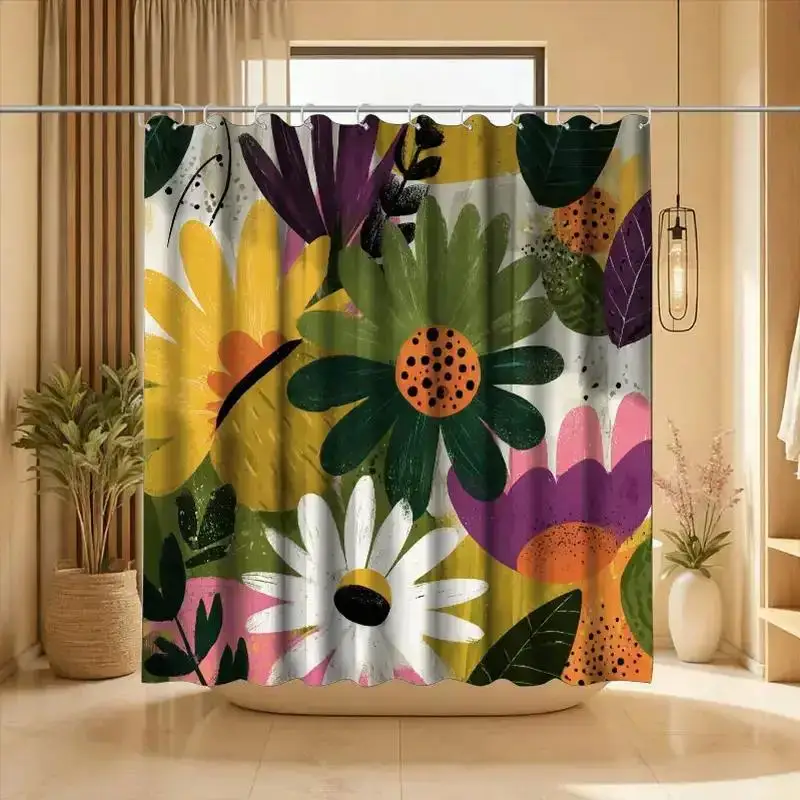 Bold Botanical Shower Curtain – Hand-Painted Tropical Flowers, Textured Petals & Leaves, 12 Hooks Waterproof Maximalist Decor