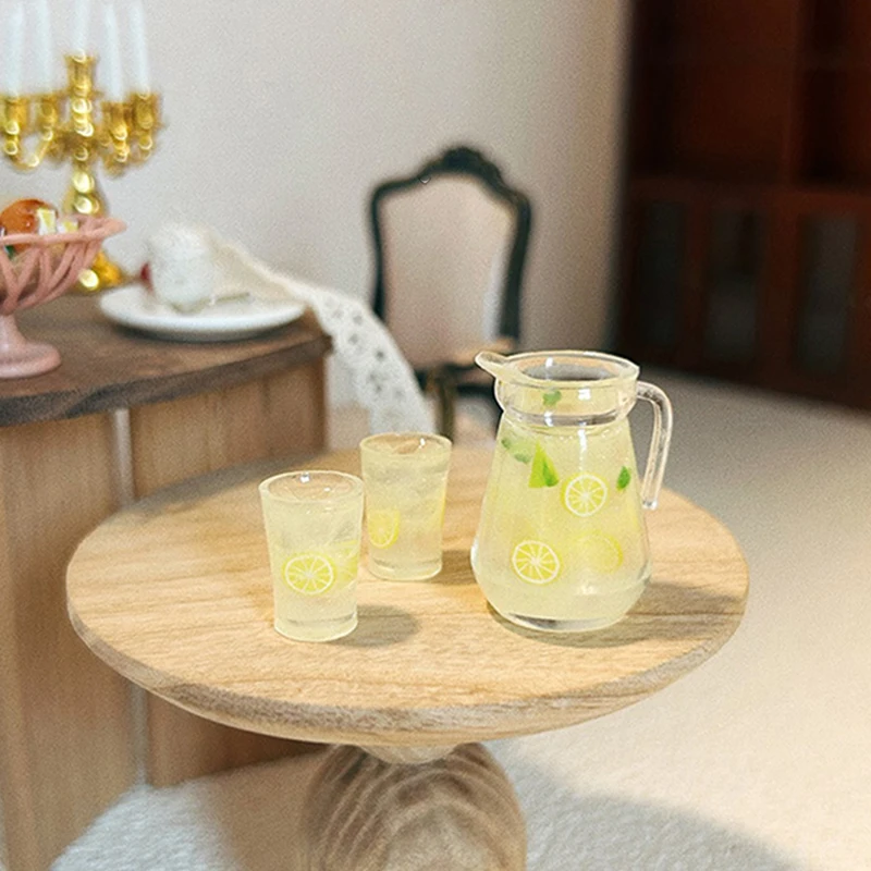 Jarra de jugo de limón en miniatura para casa de muñecas, juego de tazas, modelo de muñeca, decoración de bebidas, juguete, casa de muñecas, Mini adorno de escena de cocina, 1:12