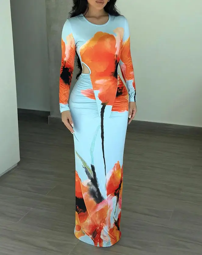 

Women's Dress Spring New Fashionable Elegant Style Ink Flower Print Round Neck Hollow Waist Design Pleated Hip Hugging Dress