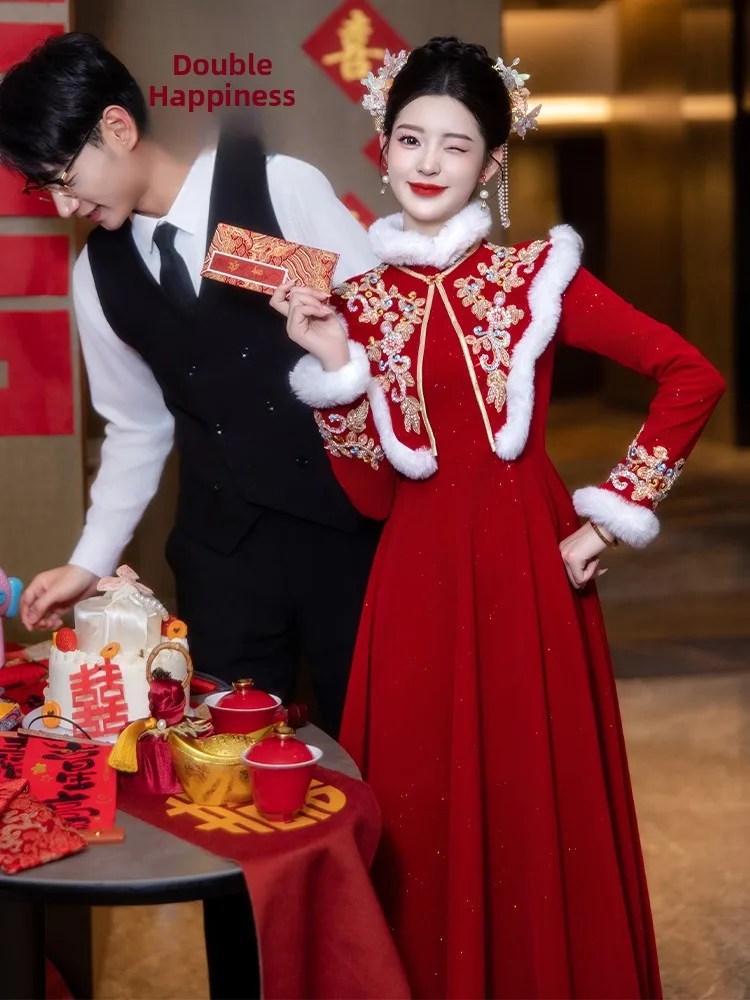 

Materni Qipao Fro Coat Thiened Fce Wedding Dr for plus Size Women Autumn Winter High Waist A-Line Skirt