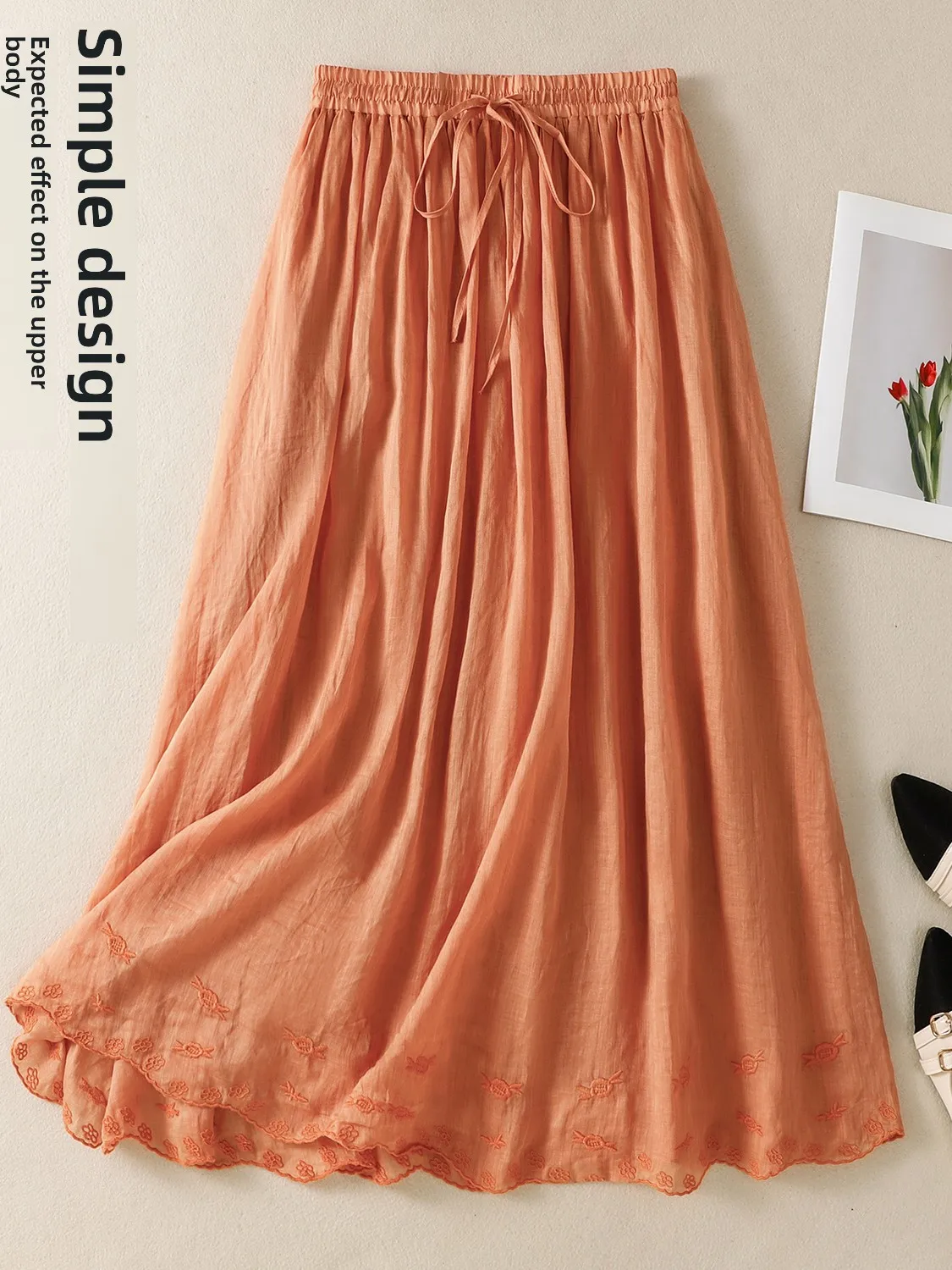 Ciężka haftowana lniana spódnica damska letnia, luźna, z wysokim stanem, wyszczuplająca, z bawełny i lnu, w kształcie litery A, typu parasol, codzienna, do pracy.