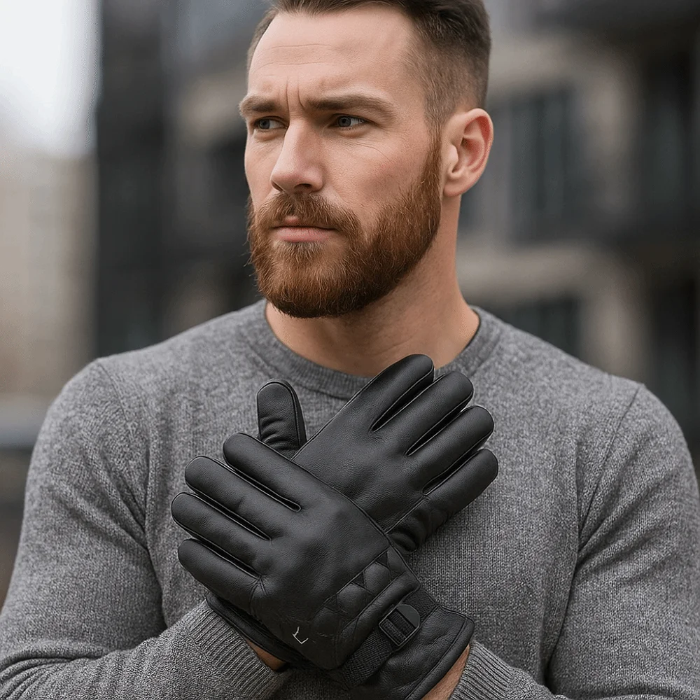 

Fashion Black Winter Ski Gloves Multifunction Keep Warm Men Leather Mittens Thermal Full Finger Driving Gloves Men
