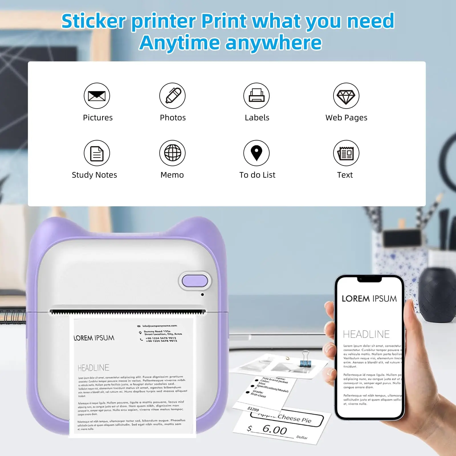 Mini Photo Pocket Printer Portable Ink-free Thermal 57mm Sticker Trans Paper Wireless BT 200dpi Android IOS Printing Machine