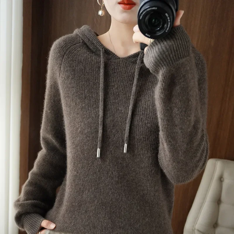 

Autumn Winter Cashmere Hoodie Women's Loose Hooded Knitted Jacket Ingot Needle Thick Sweater Outer Wear Women Clothes N210