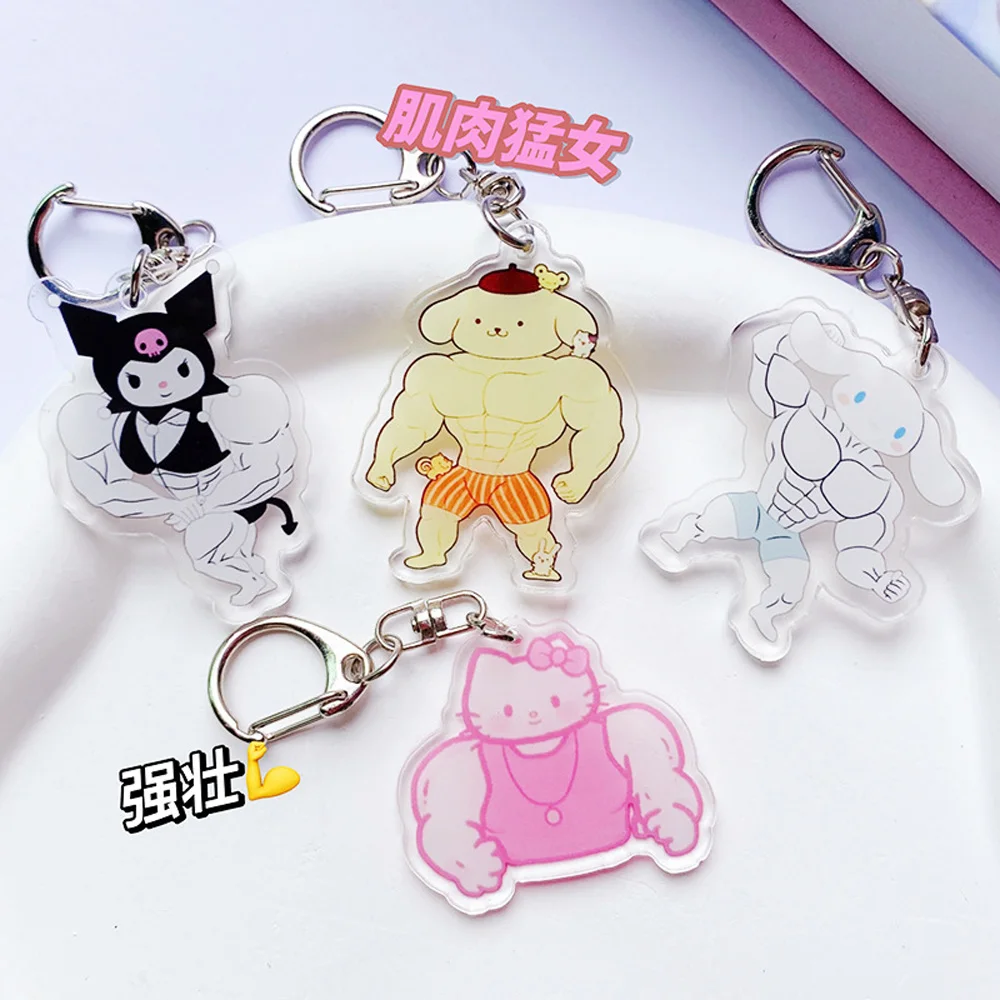 Sanrio Keychain Cartoon Muscle funny Kuromi Cinnamoroll Keychains Acrylic Hello Kitty Backpack Pendant Car Keyring Kid Toy GIift