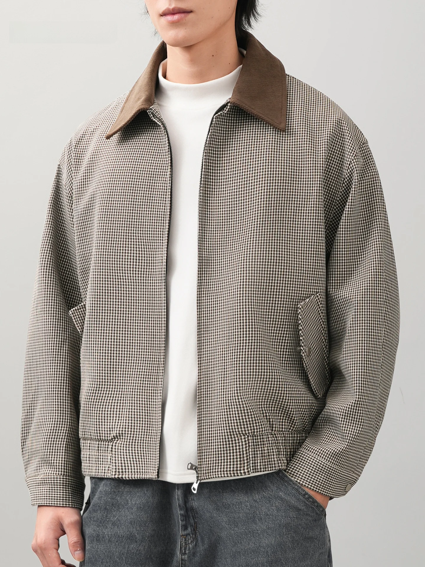 

Men's Plaid Flannel Harrington Jaet Winter Warm ort Sle Suede Collar Zipper Closure No Inner ket American Sle Coat