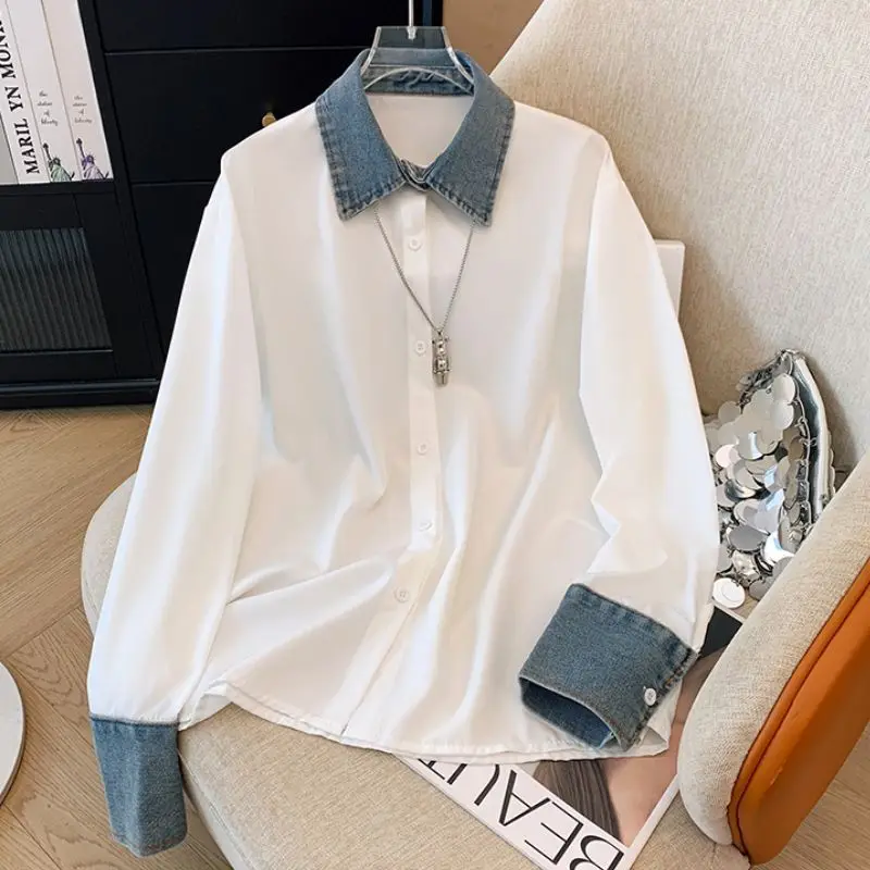 

Fashion Turn-down Collar Simple Comfortable Versatile Selling Women's Clothing White Simple Solid Color Shirts Autumn Elegant