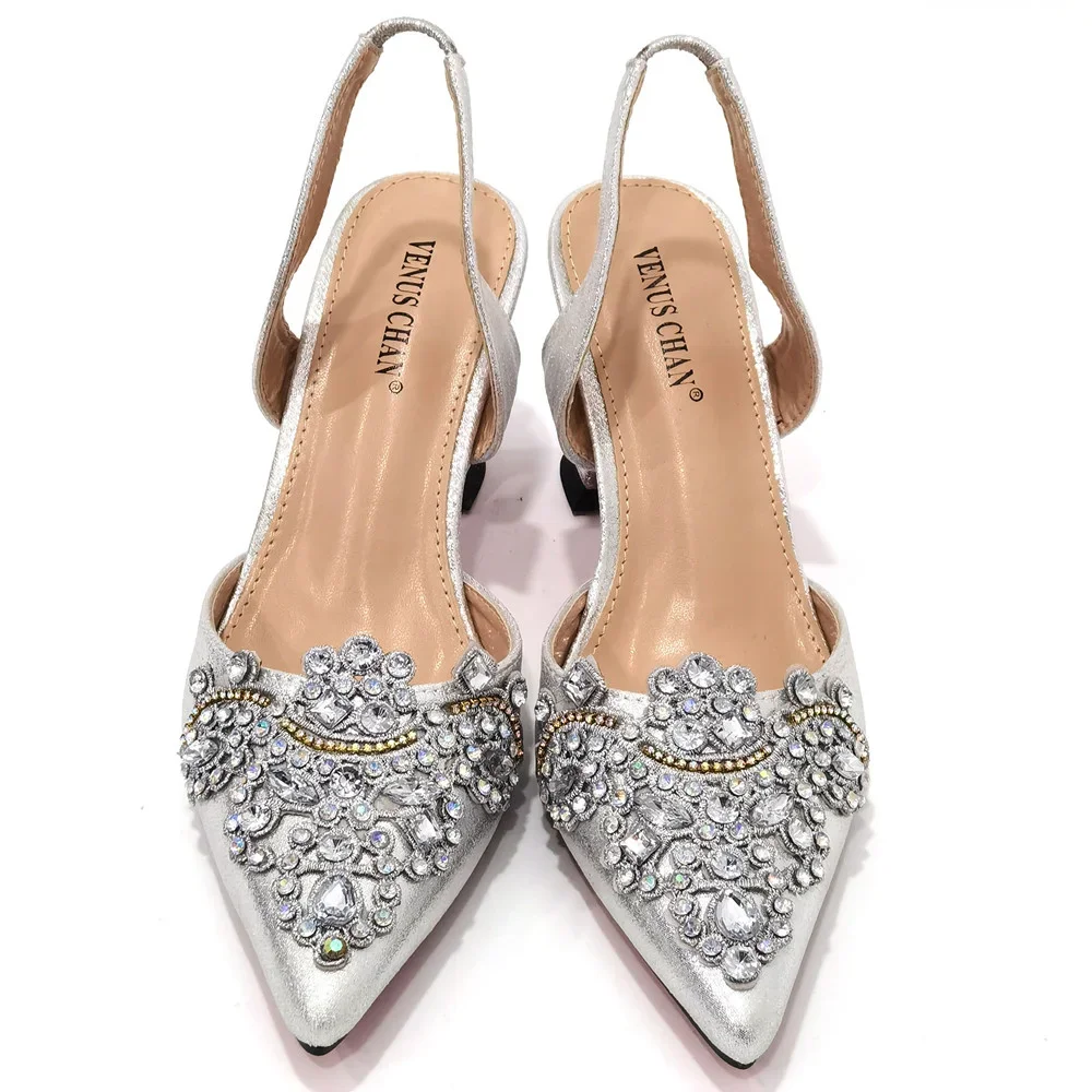 Venus Chan 2023 New Fashion Simple And Versatile Silver Pointed Toe High Heels Comfortable To Wear Party Ladies Shoes And Bag