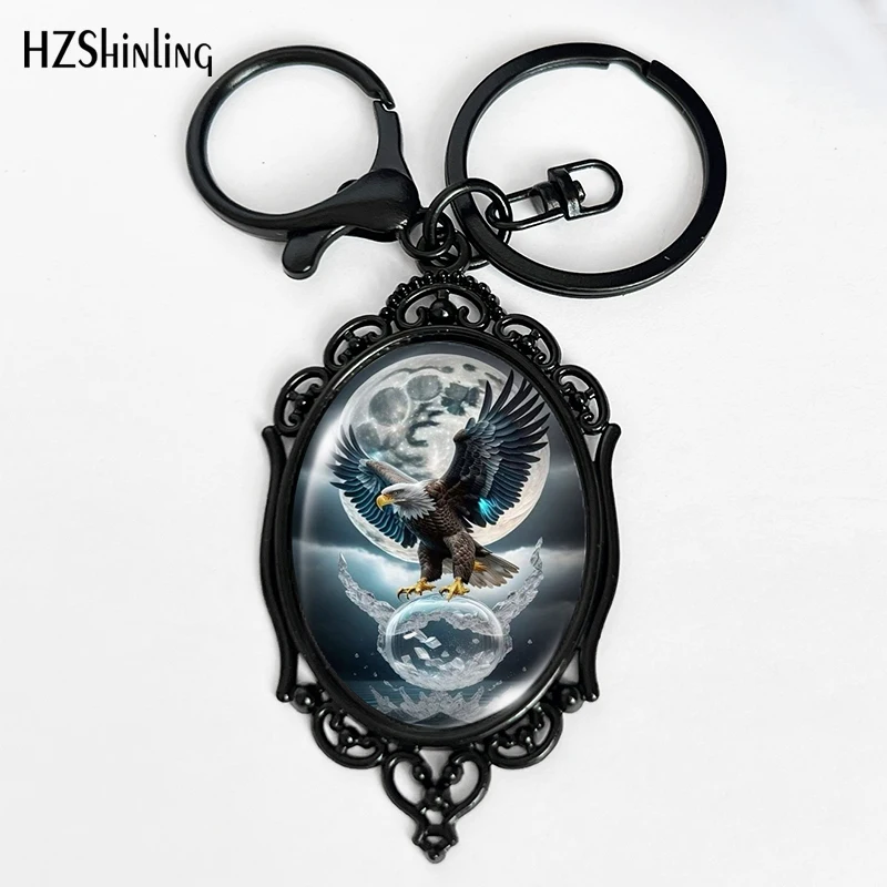 2024 Fashion Eagle Art Illustration Pattern Black Keychain Glass Cabochon Oval Pendants Key Holder Best Gifts