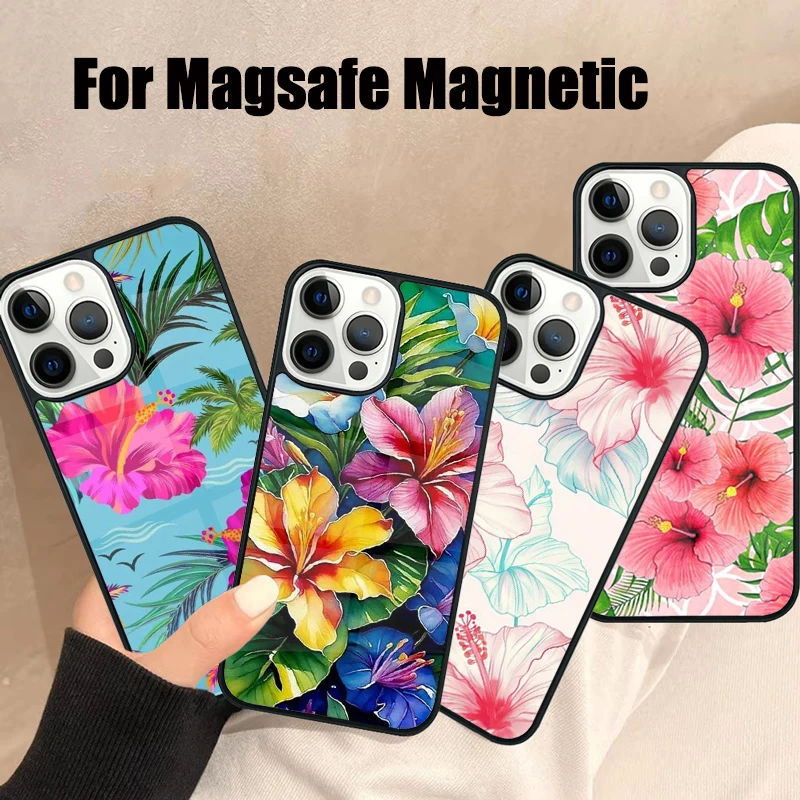 Tropical Flower Magsafe Phone Case For iPhone 16 15 14 13 12 11 Pro Max Plus Mirror Wireless Magnetic Cover