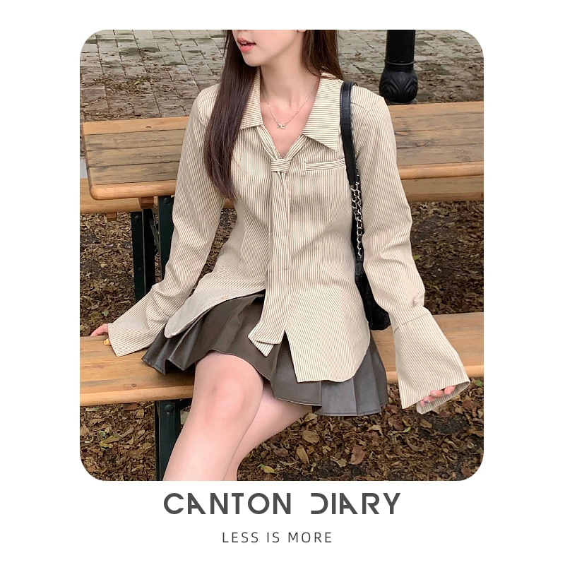 Canton Diary Autumn Versatile College Style Striped Long Sleeve Women's Shirt Waist Cinching Slimming Design Top