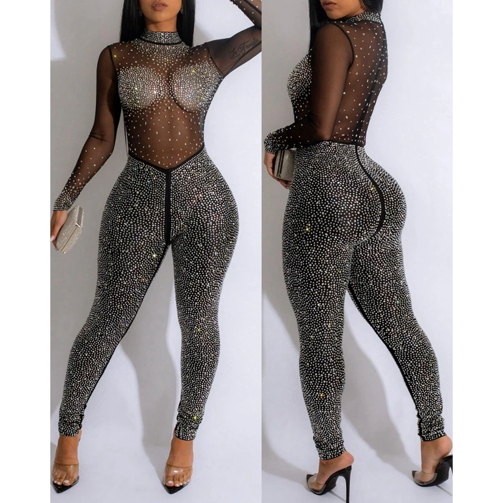 Long Sleeve Skinny Rhinestone Decor See Through Sheer Mesh Women Sexy Black Jumpsuits