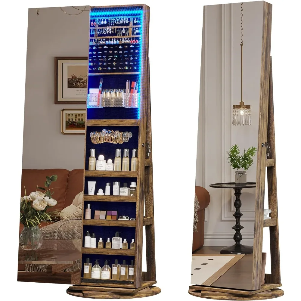 

360° Swivel Jewelry Mirror Cabinet with Lights, Standing Jewelry Armoire Organizer, 63" Stand Up Full Length Mirror