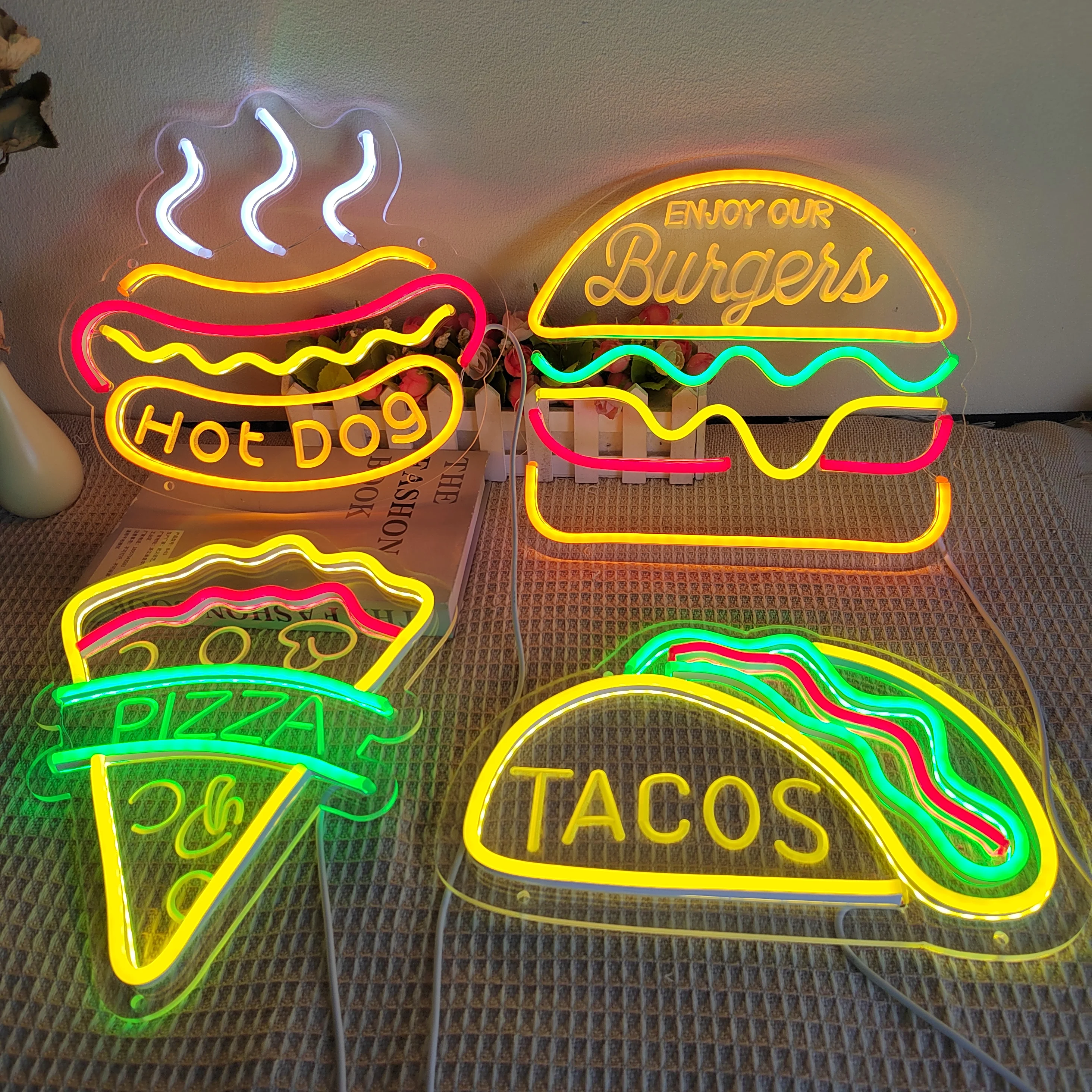 Neon Light Food Poster Signage Tin Painting Pizza Burger Advertising Plaque Restaurant Bar Club Shop Wall Art Decorative Panel