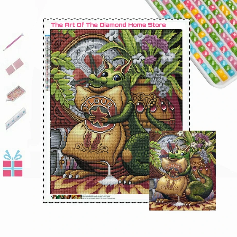 5d AB Diamond Painting Cute Animal Little Dragon Reading Books By Randal Spangler Full Drills Cross Stitch Mosaic Home Decor