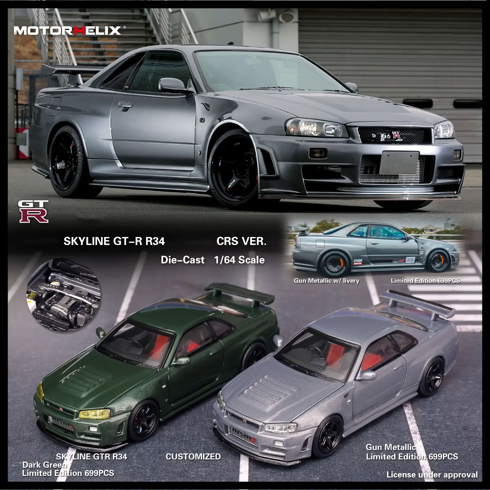 MH 1:64 SKYLINE GTR R34 Z TUNE CRS VER Opened Hood Diecast Diorama Car Model Collection Miniature Toys MOTORHELIX