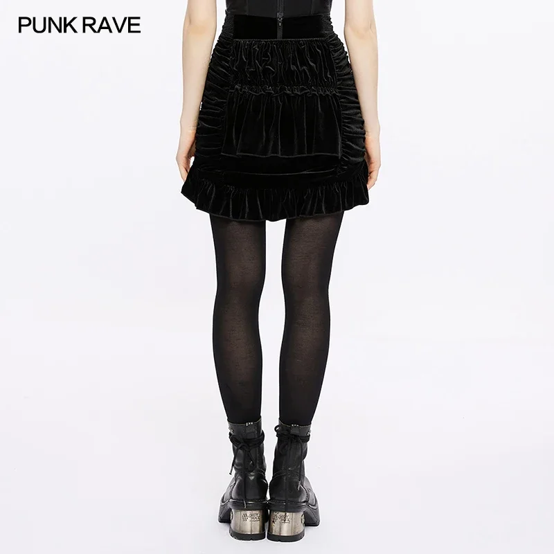 PUNK RAVE Women\'s Gothic Drawstring Sheath Velvet Fit  Short Skirt Fashion Personality Nimi Black Sexy Skirts Women