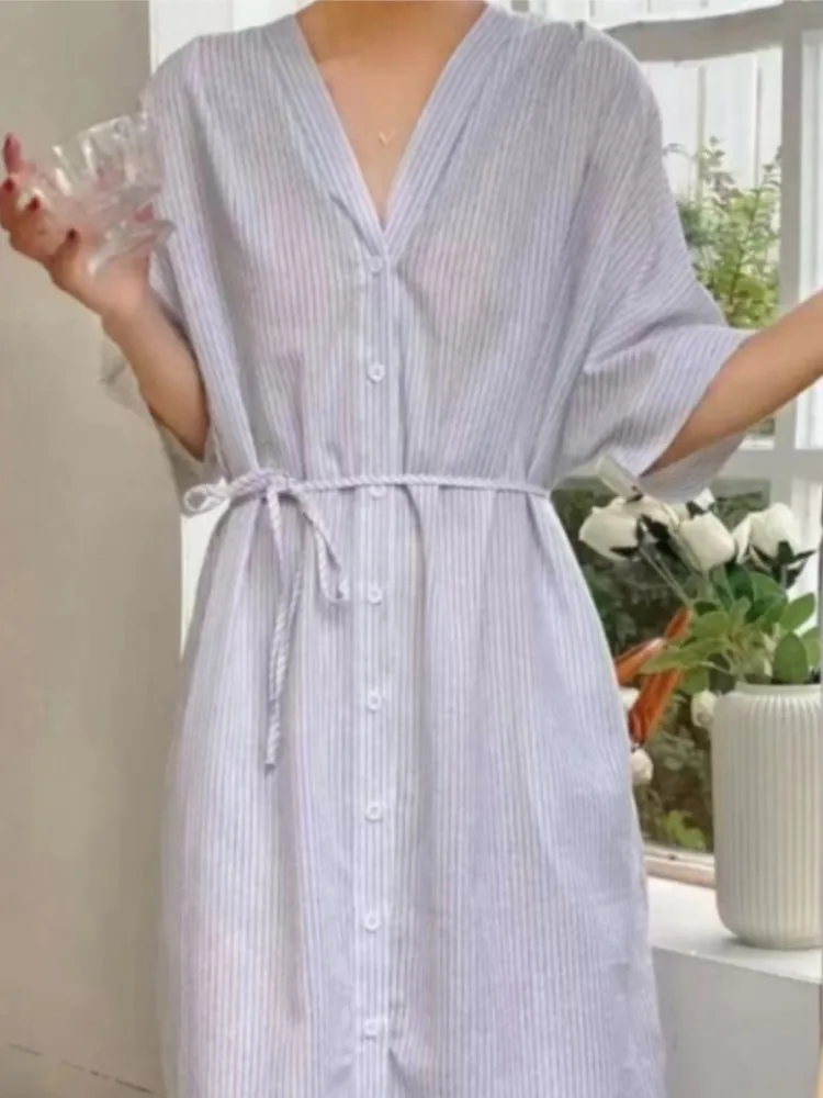 Zomer vintage gestreept linnen shirt vrouwen jurk nieuwe korte mouw casual losse enkele rij knopen v-hals dames jurk vestidos