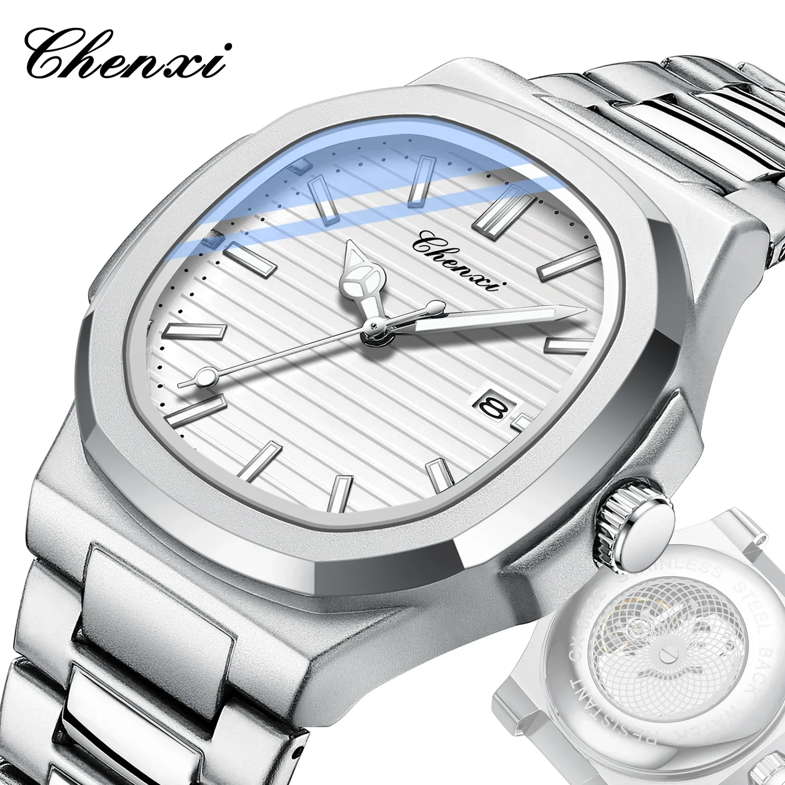 Chenxi 0022 Unique Design Upgraded Sweeping Second Transparent Bottom Steel Men's Watch Glow Fashion Business Calendar Quartz