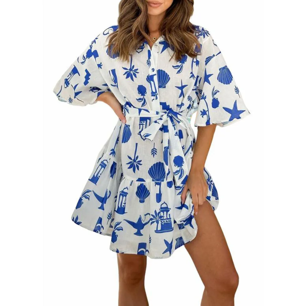 

Women's Short Sleeve Dresses Summer Button Up Printed Belted Midi Dresses Casual Loose Fit Ruffle Skirts