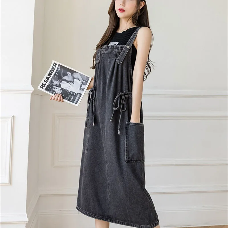 2023 Summer Women Clothing Denim Strap Dress Oversize 5xl Loose Jean Overalls Dresses Ladies Pocket Lace-up Braces Maxi Dresses