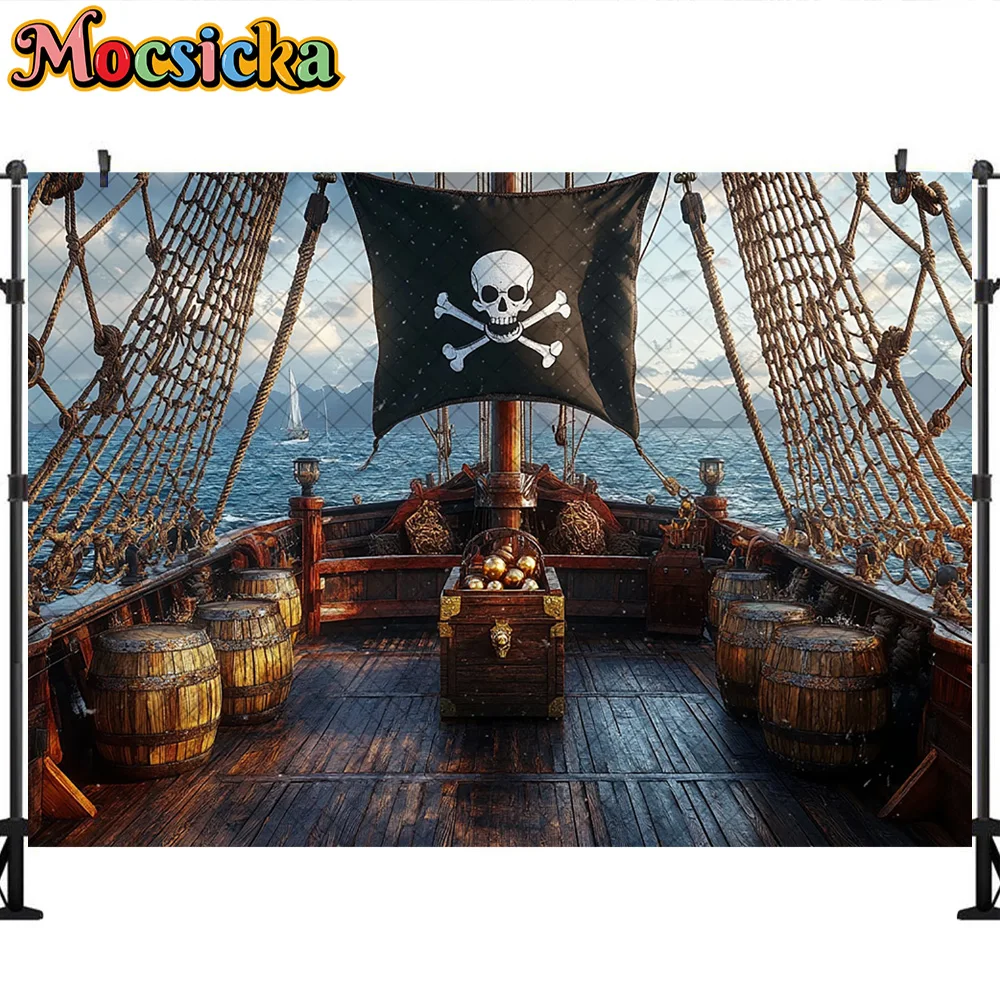 Mocsicka Photography Backdrop Pirate Ship Barrel Octopus Decoration Newborn Baby Shower 1st Party Backgrounds For Photographs