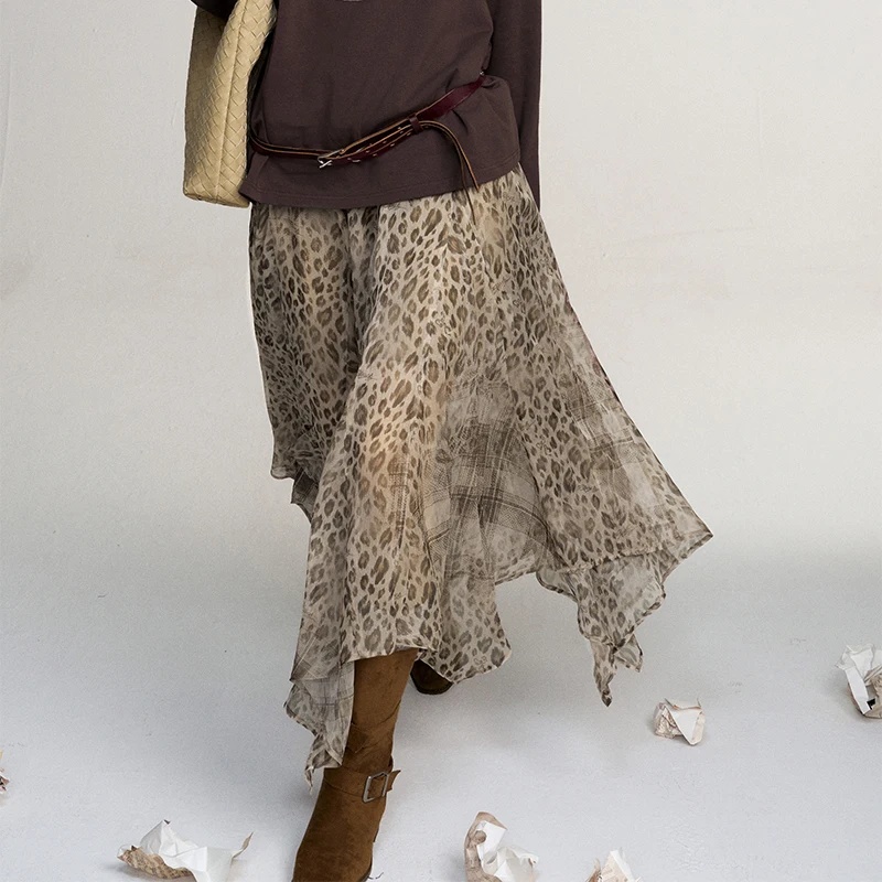 ELFSACK Women Y2K Maxi Skirt with Leopard Print, Irregular Asymmetrical Chiffon Long Skirt for Retro Fall Daily Wear