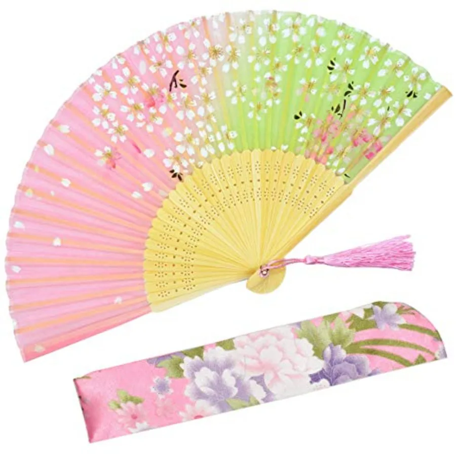 ® Hand Held Silk Folding Fans with Bamboo Frame - with a Fabric Sleeve for Protection for Gifts - 100% Handmade Oriental Chines
