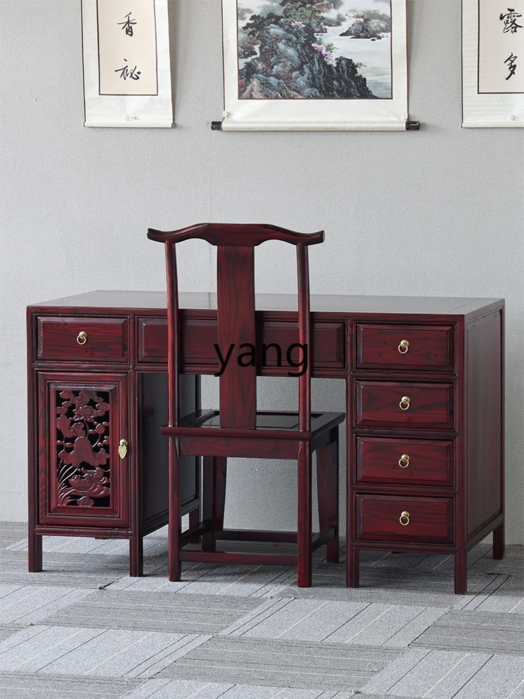 Yjq， Solid Wood Computer Table and Chair Combination Antique Elm Carved Writing Desk Chinese Medicine Clinic Table