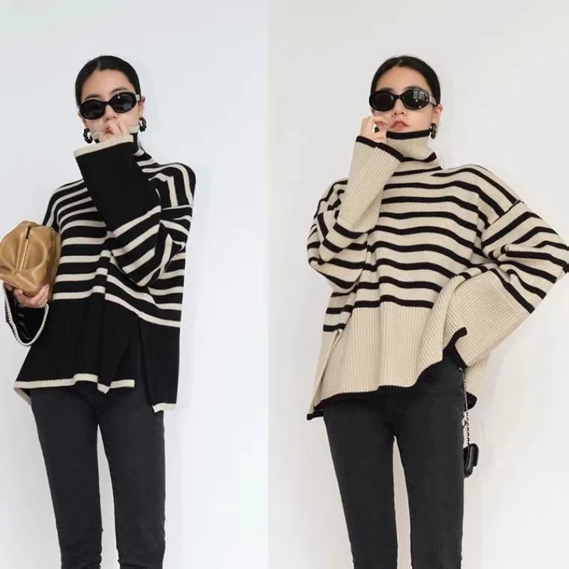 Striped Turtleneck Sweater Women\'s Long-sleeved Loose Outer Slit Top Warm Thickened Knit Casual Streetwear Tops