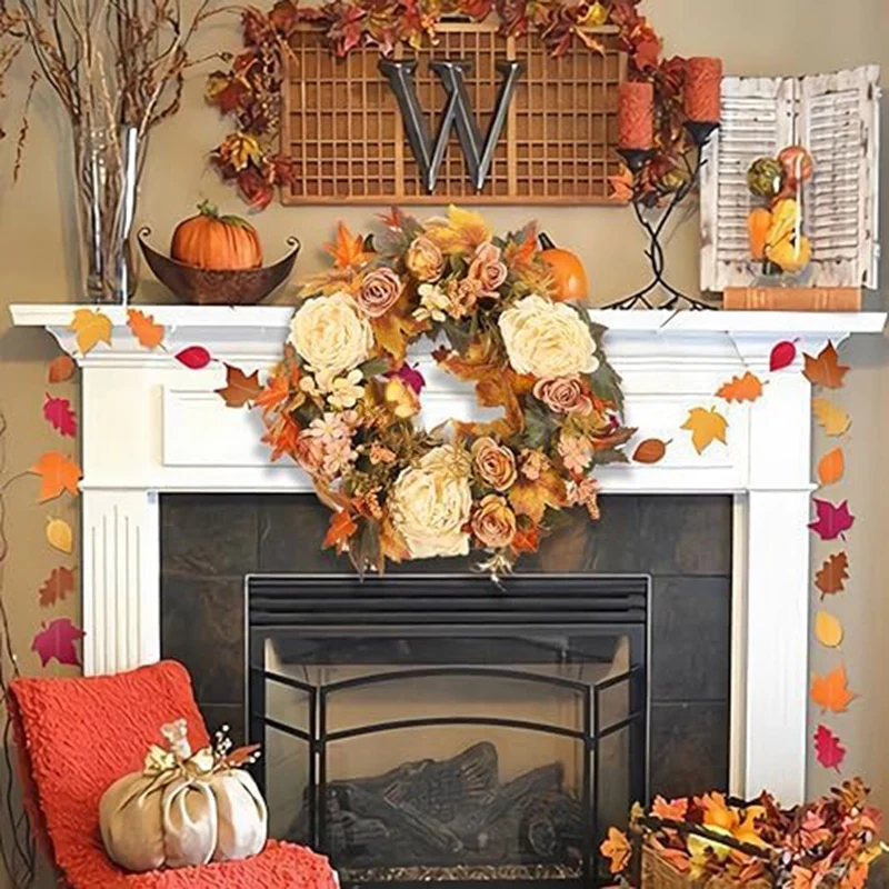 1 PCS Thanksgiving Autumn Maple Leaf Wreath Decorative Pendant Cloth,Plastic 40X40cm Home Autumn Artificial Flower Wall Wreath