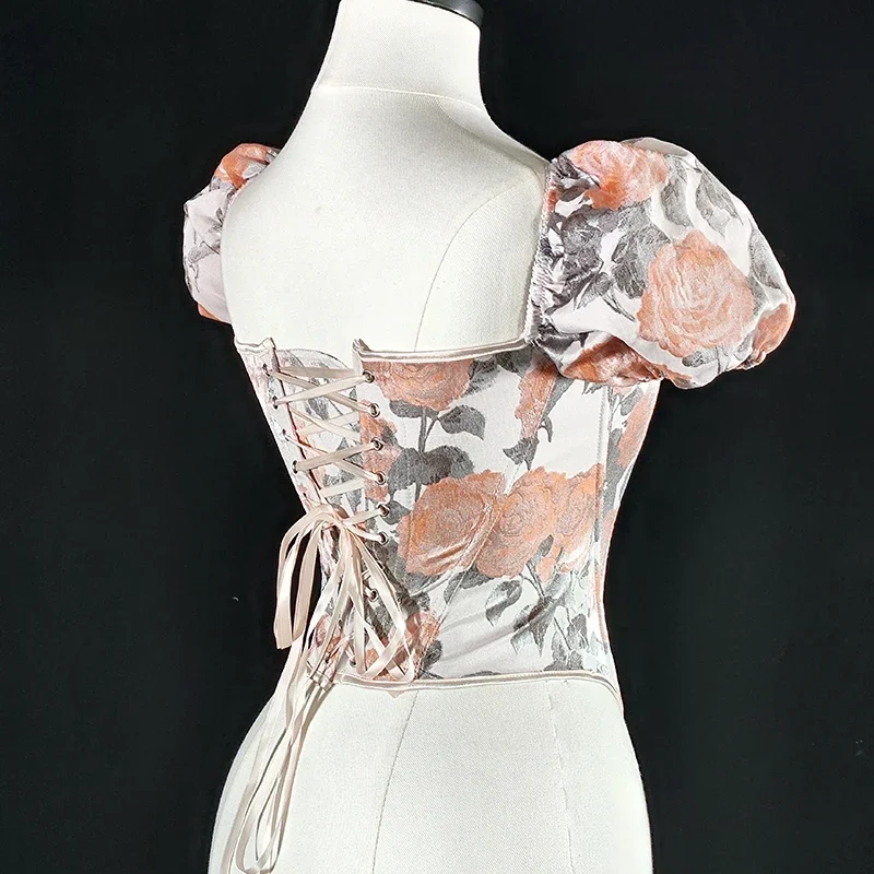 

Новый летний корсет с короткими резиновыми пышными рукавами, выпуклый жаккардовый корсет с розовым цветочным принтом, жилет, бюстье, топы