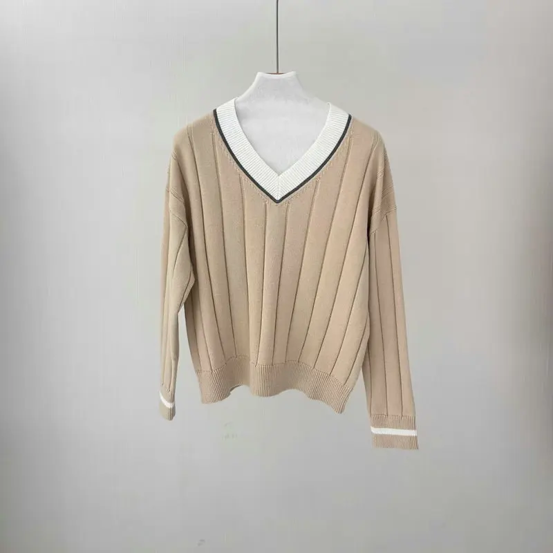 Suéter de punto de algodón nuevo de otoño e invierno para mujer suéter con cuello en V de Color contrastante