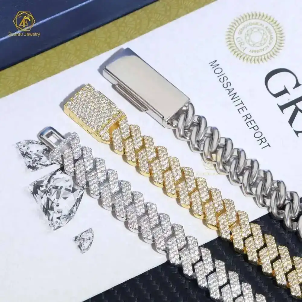 

12 мм классическая цепочка в стиле Майами k с твердым позолоченным серебряным муассанитом и бриллиантами, 2 ряда, кубинская цепочка с шипами для продажи в США