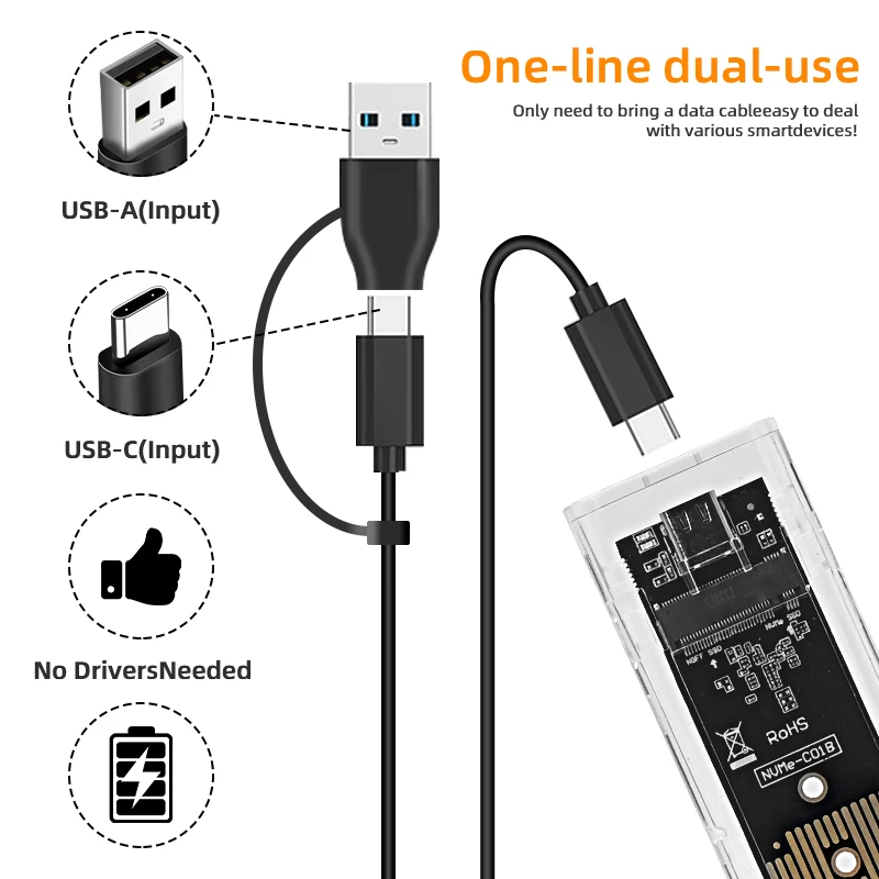 Caixa de disco rígido externo transparente, M.2 NVME, PCIe, NGFF, protocolo duplo SATA, caso SSD, transparente, USB tipo C, 10Gbps, PCI-E, M2, M2