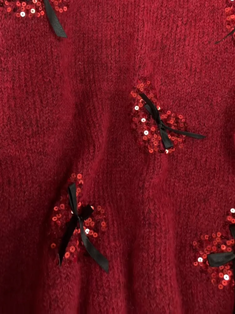 Sequins Love Pattern Bow Round Neck Sweater Women New Spring Autumn Lazy Style Soft Glutinous Versatile Long Sleeve Knitted Top