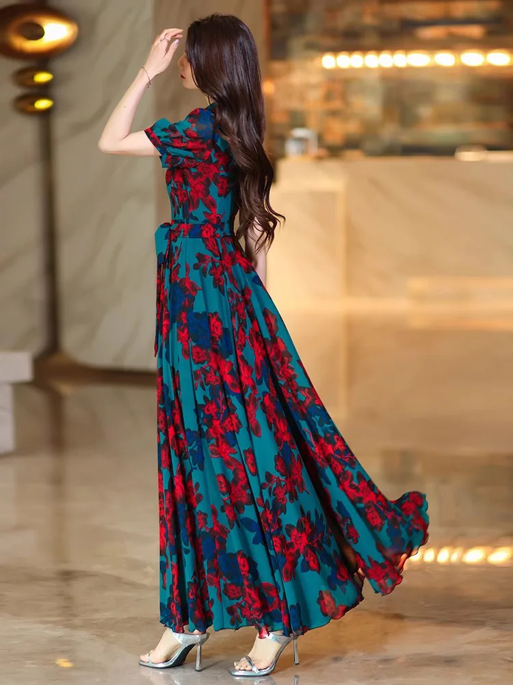 New Women Summer Contrast Color Print Dress Fashion Stand Collar Short Sleeve High Waist Dress Elegant Slim Waist Long Dress