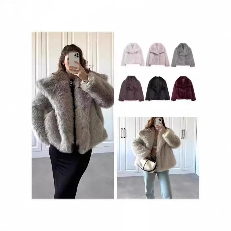 Women Faux Fur Cropped Jacket Winter Thick Warm Fluffy Furry Coat Ladies Big Lapel Collar Open Front Outerwear Luxury Plush