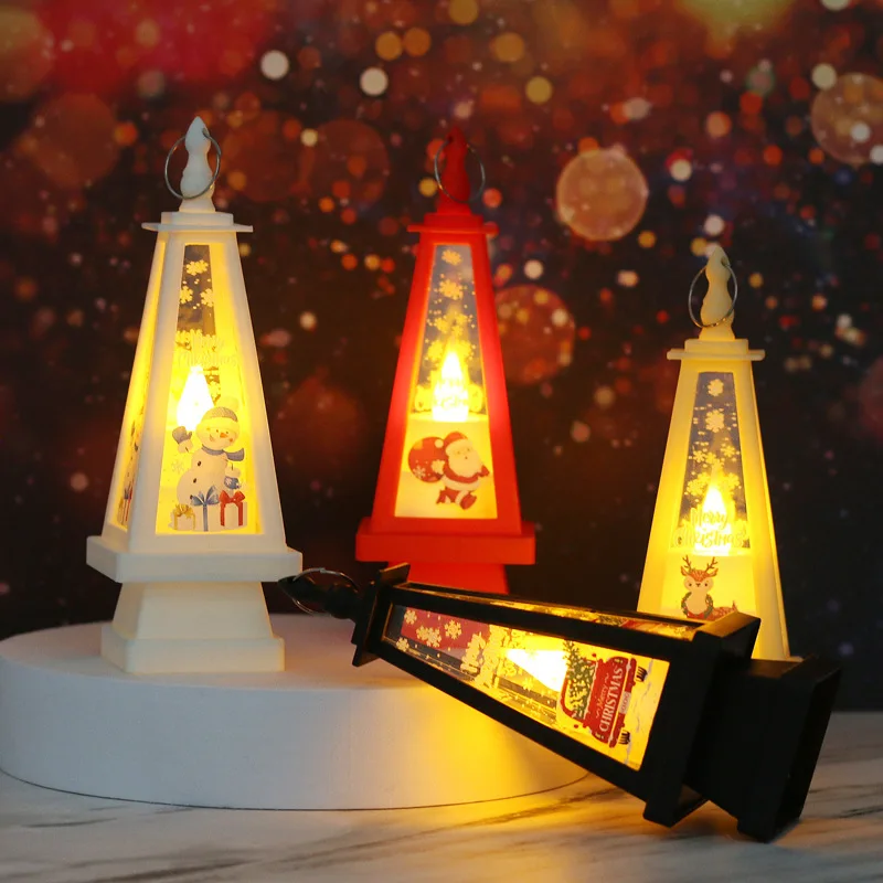 สามเหลี่ยม Tower คริสต์มาส Santa Claus Snowman โคมไฟ LED แขวนแสงเทียนโคมไฟน้ํามัน Xmas Party Home Decor Props