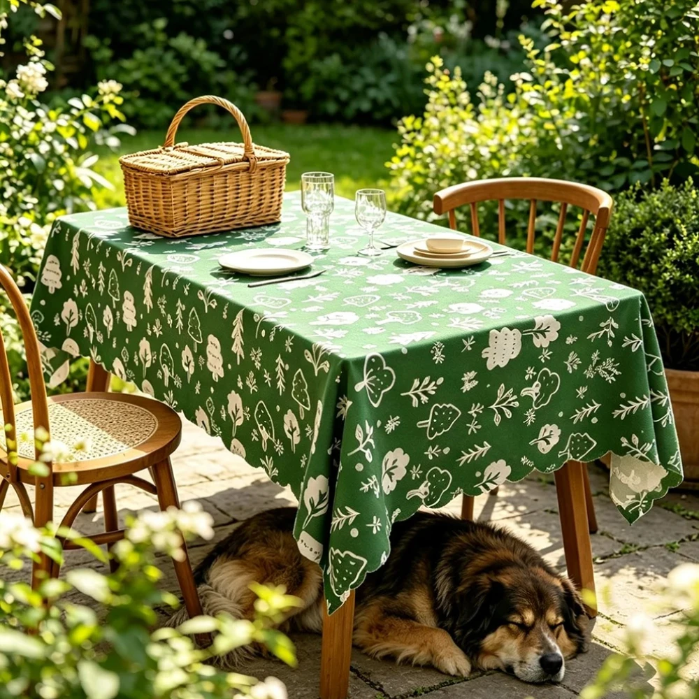 1Pc Green Scalloped Edge Tablecloth, Waterproof Dustproof Table Cover for Kitchen Dining Room Outdoor Garden Home Decor
