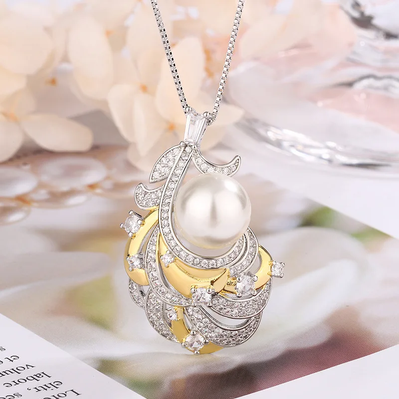 Jewelry set with white pearls, fashionable vintage brushed feather design for women12mm