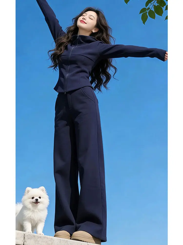 

Повседневный спортивный костюм: женский кардиган с длинным рукавом, толстовка, прямые широкие брюки, весна-осень, для похудения