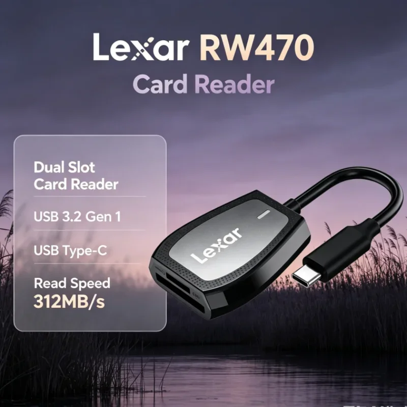 Lexar RW470 Card Reader 2-in-1 Dual Slot USB 3.2 Gen1 Type-C SD microSD UHS-II 312MB/s Read Speed for Card Data Transfer
