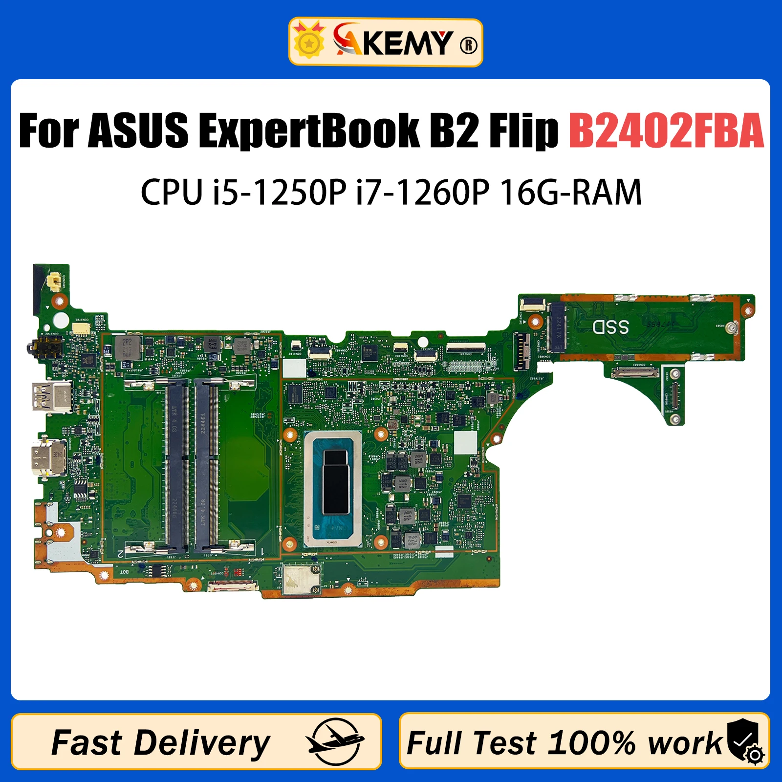 AKEMY For ASUS ExpertBook B2 Flip B2402FBA B2405F Laptop Motherboard With CPU i5-1250P i7-1260P 16G RAM 100% TEST OK