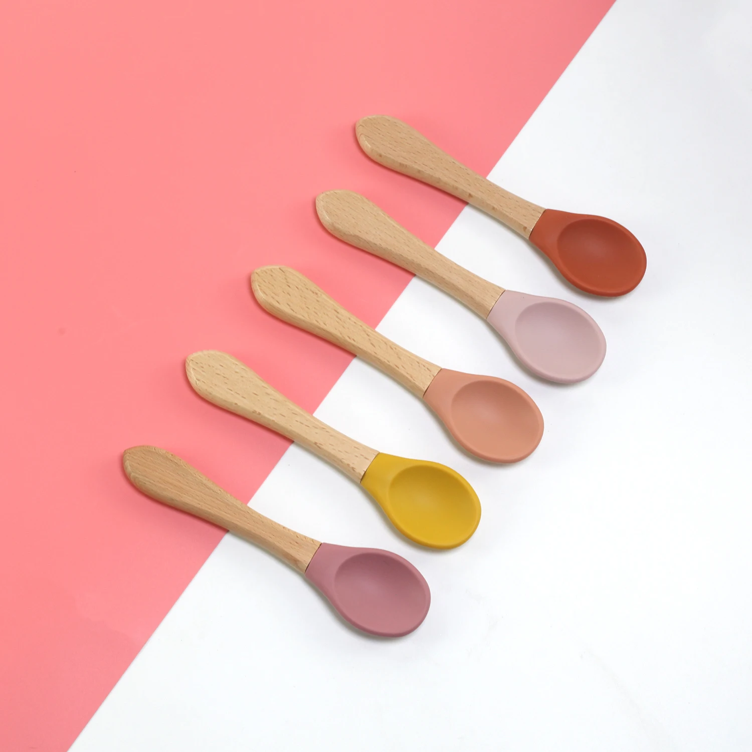 Silicone wooden handle spoon baby feeding outside lunch  spoon outdoor usage baby dinning spoon