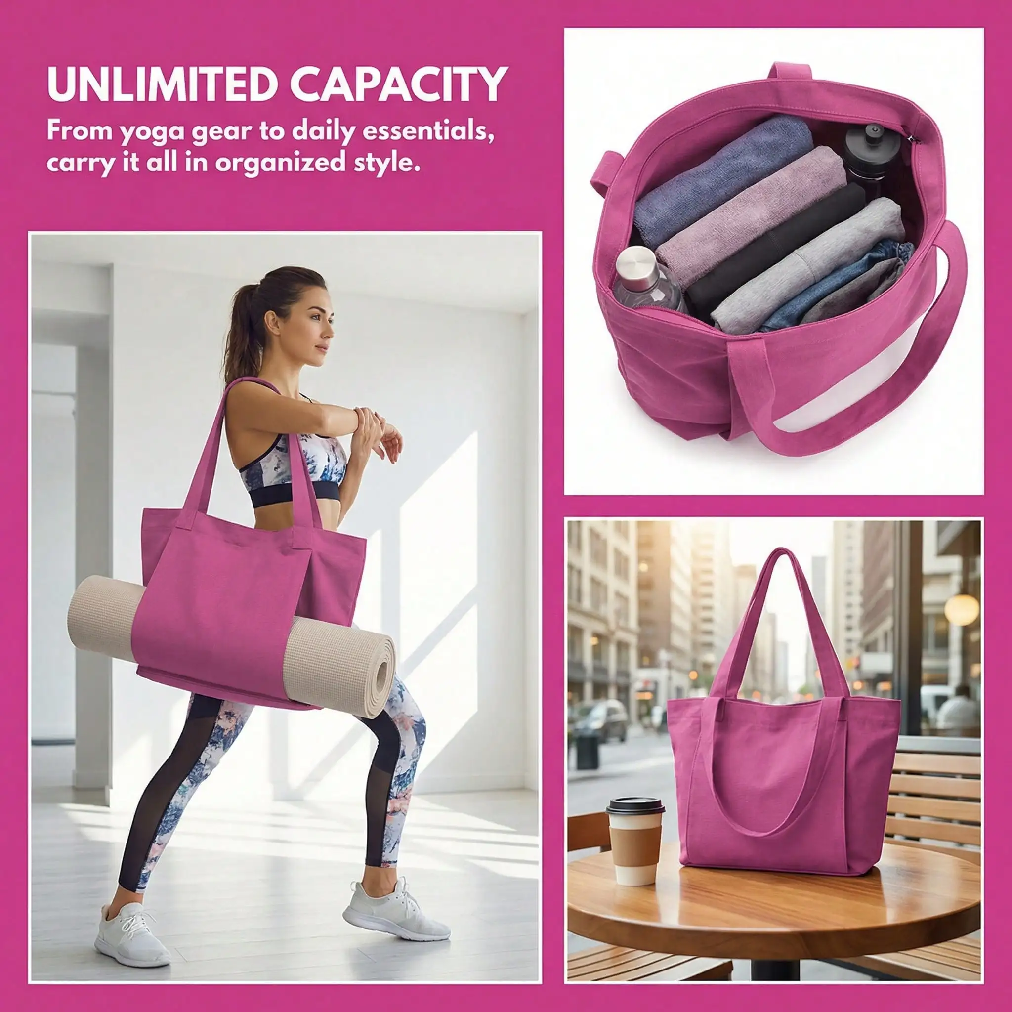 Yoga-Tasche, Sporttasche für Damen, Yogamatten-Tragetasche, Canvas-Tasche für Pilates, Schultertasche für Reisen, Büro, Strand und Training. – Detail 2