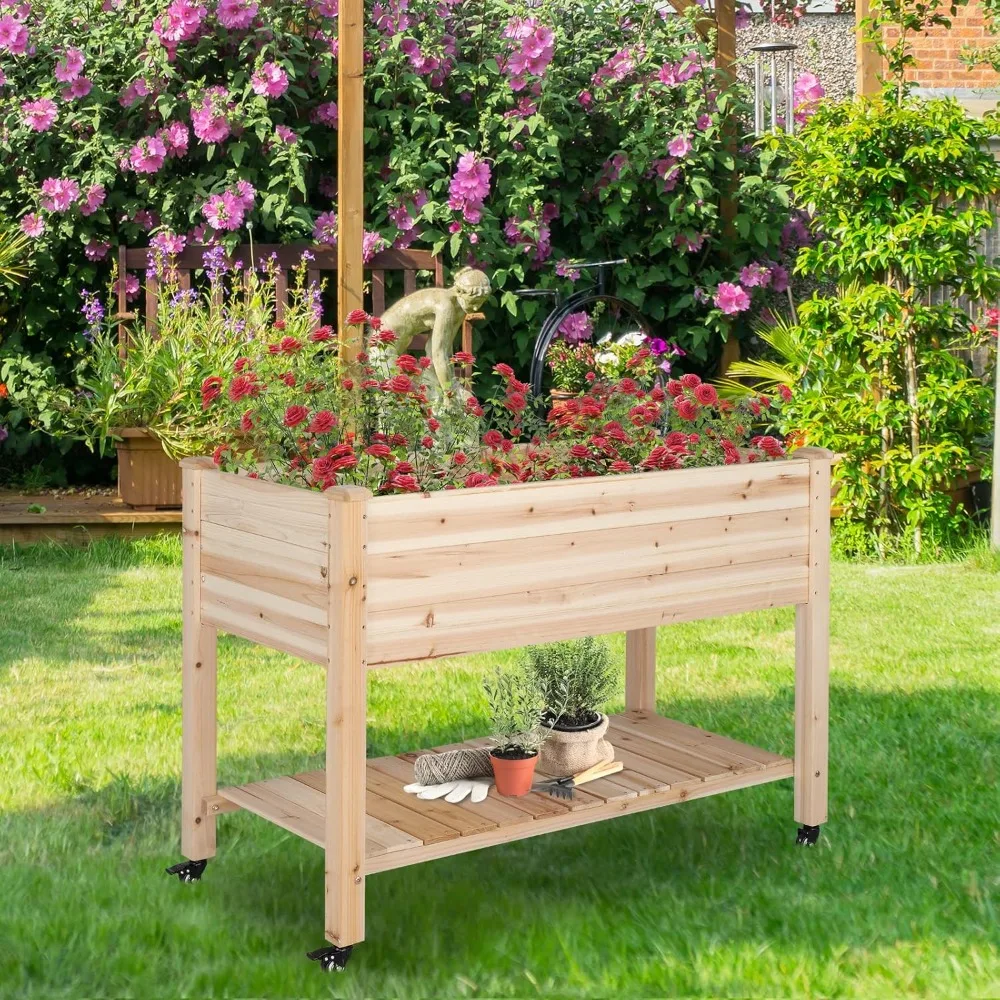 Heavy Duty Raised Garden Bed with Bed Liner, Wood Elevated Planter with Legs for Vegetables Fruits Potato Onion Flower