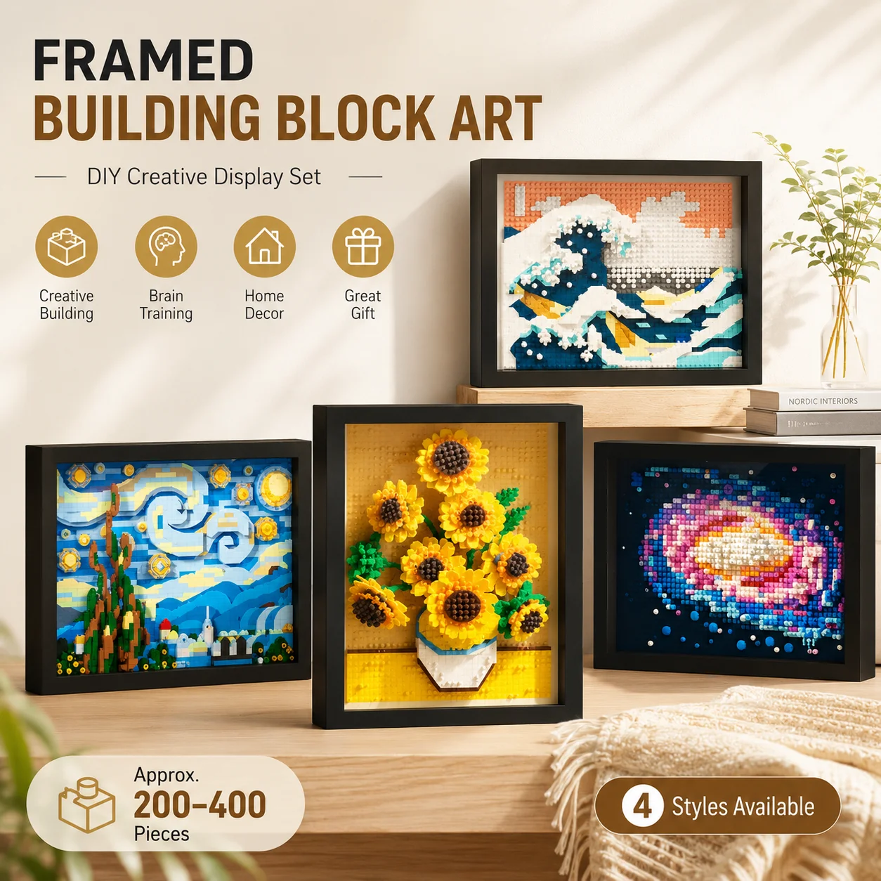Framed Building Block Art DIY Micro Bricks Display Set Creative Assembly Puzzle Home Decor Gift 200-400PCS