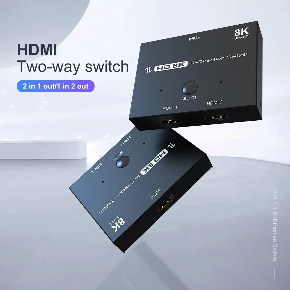 8K@60Hz HDMI 2.1 Bidirectional Switch Splitter 2 in1 out 1in 2 out 4K@120Hz Ultra HD Switcher for PS5 Xbox Roku Apple TV